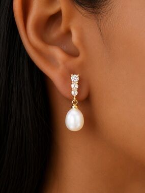 14K Gold Pearl Drop Earrings Diamond Dangle Bridal Earrings 7.5MM Freshwater Prl